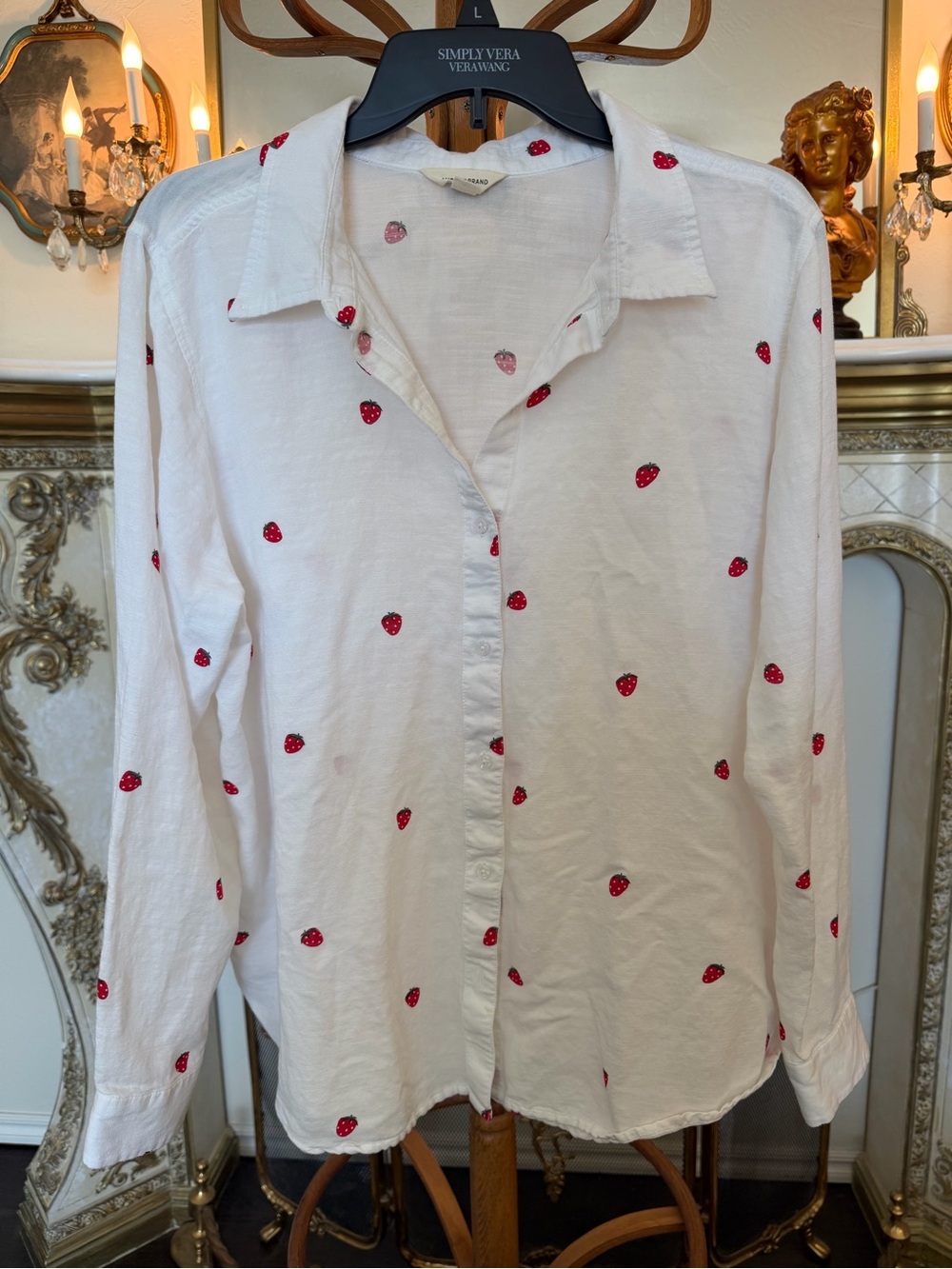 Women’s XL Lucky Brand White Button-Down Shirt with Red Strawberries